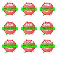 Followers bundle graphic from 65M to 200M with red gradient, light green, and white backgrounds. Editable vector design ideal for social media and marketing use.