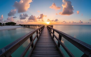 Obraz premium Panorama view of footbridge to the Smathers beach at sunrise - Key West, Florida. High quality