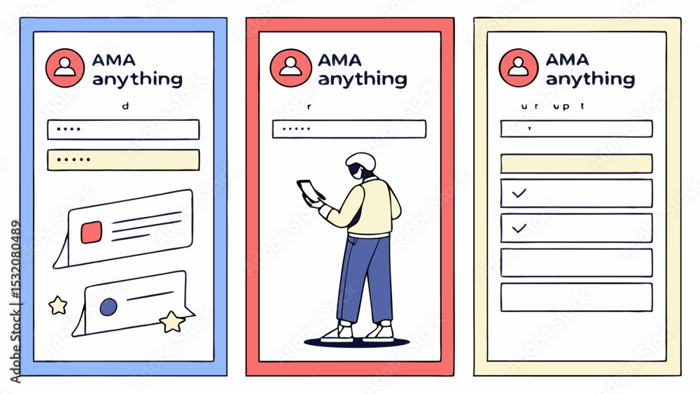 Poster illustration showing three stylized ama anything interfaces with different layouts and color schemes