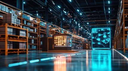 Modern warehouse interior with futuristic display.  Automated shelving,  digital interface, and sleek design