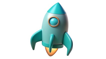 Fototapeta premium 3d render of a teal cartoon rocket ship with fire emerging from the base on a white background