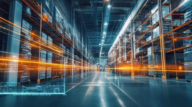 High-tech warehouse interior.  Fast-paced, automated