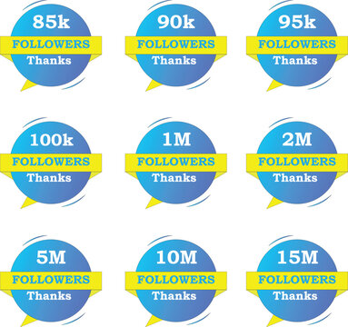 Followers bundle graphic from 85k to 15M with sky blue gradient, yellow and white backgrounds. Editable vector design ideal for social media and marketing use.