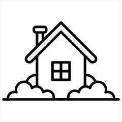 Fototapeta premium Simple House Icon with Chimney and Bushes in Black Outline Style