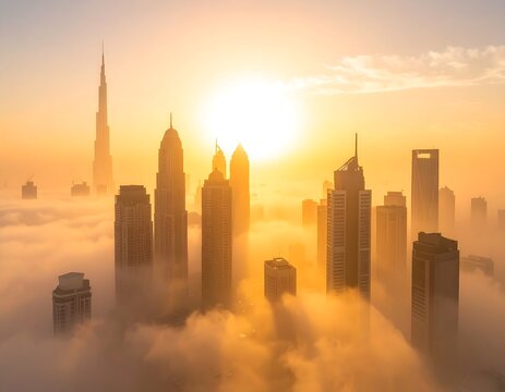 Sunrise city skyline above clouds