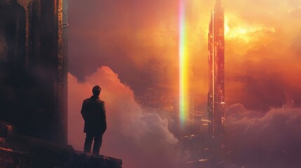 Fototapeta premium A man contemplates a futuristic city above clouds, with a vibrant rainbow