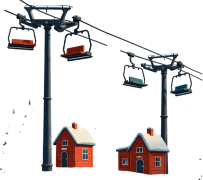 Christmas Village Mountain Ski Lift with Moving Chairs Isolated on Transparent Background for Holiday-Themed Designs and Marketing
