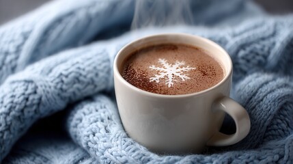 Cozy hot chocolate with snowflake design on blue knit blanket.
