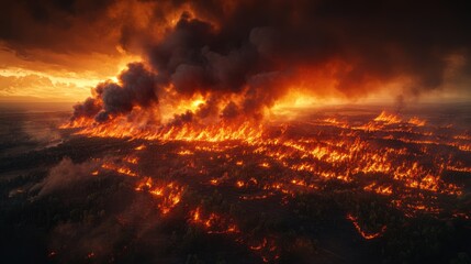 A huge forest fire observed from above, with a colossal plume of dark smoke rising into the atmosphere and spreading as a cloud, the landscape below is ablaze with fiery destruction.
