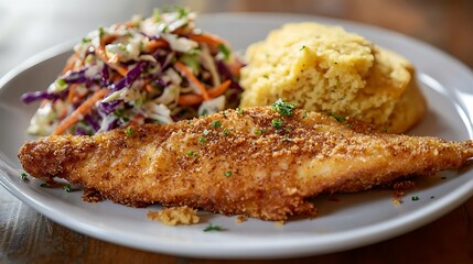 Fried Fish Fillet with Cornbread and Coleslaw on Plate