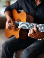 Male adult playing acoustic guitar indoors.