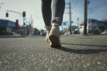 Female walking on urban street in daylight with frayed jeans close-up.