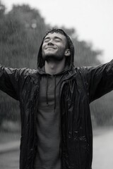 Young caucasian male enjoying rain in black hoodie and jacket outdoors.