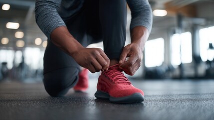 African male tying red running shoes in gym for fitness workout.