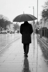 Solitary male walking on rainy urban street with umbrella in black and white.