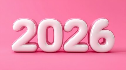 Pink background with the word "2026" in white letters, pink color scheme, 3D text effect, shiny plastic texture style, smooth and glossy finish, cute cartoon design, playful font style