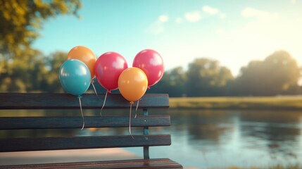 Bright balloons of various shapes and colors tied to a park bench, swaying lightly in the breeze, with a clear blue sky and trees in the distance.