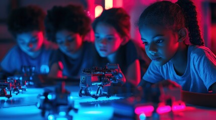 Diverse young children engrossed in STEM activities, exploring robots