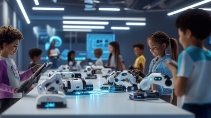 Diverse children interacting with robots in a modern tech classroom. Students explore robotics and STEM learning in a futuristic learning environment