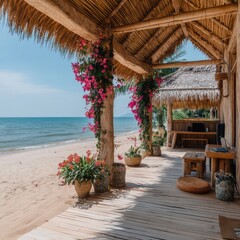 Fototapeta premium A serene beachside bungalow with vibrant pink bougainvillea cascading down rustic wooden pillars offers a tranquil view of the turquoise sea under a clear blue sky.