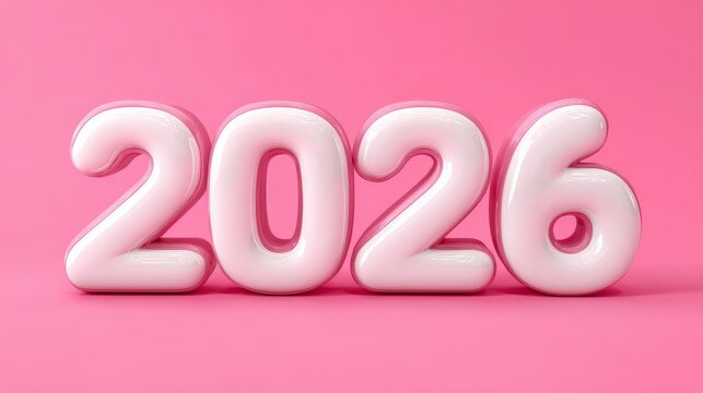 Pink background with the word "2026" in white letters, pink color scheme, 3D text effect, shiny plastic texture style, smooth and glossy finish, cute cartoon design, playful font style - Powered by Adobe