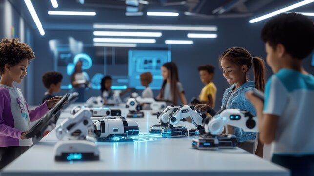 Diverse children interacting with robots in a modern tech classroom. Students explore robotics and STEM learning in a futuristic learning environment