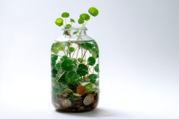 A glass jar filled with water, coins, and a small plant