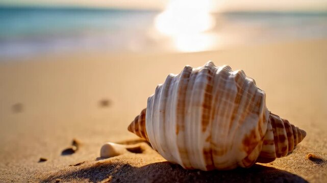 Elegant sea shell on golden sandy beach, serene ocean waves softly approaching coast at dreamy seaside sunset, vacation ambiance