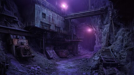 An abandoned industrial building with rusted machinery, bathed in flickering red and white lights, surrounded by strange rock formations on a distant alien planet with a purple-tinted atmosphere.