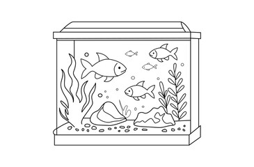 Beautiful Aquarium water tank line drawing isolated on white background - vector illustration