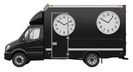Isolated Black Delivery Van Adorned with Clock Designs