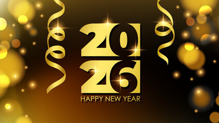 2026 Happy New Year celebration banner. Sparkles and ribbons. Bright blurred golden bokeh lights. Vector illustration.	