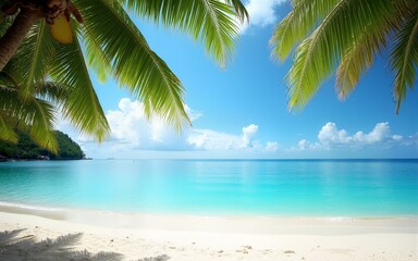 Sunny Tropical Beach With Palm Leaves And Paradise Island. High quality