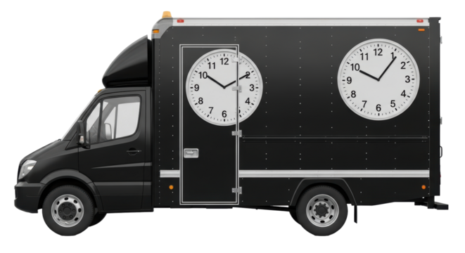 Isolated Black Delivery Van Adorned with Clock Designs