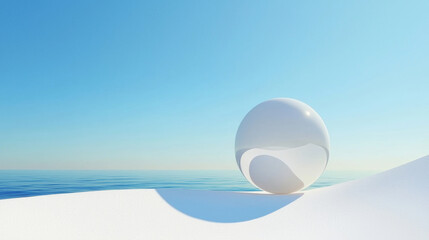 Minimalist white reflective sphere by the serene ocean, soft gradient sky, clean modern design, digital 3D art, smooth textures, peaceful abstract landscape