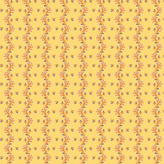 Delicate spring small floral vertical borders in blue and purple tones Yellow-cream background Country style tiny flowers pattern