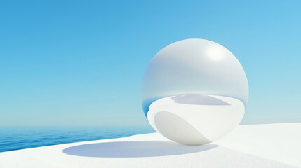Minimalist white reflective sphere by the serene ocean, soft gradient sky, clean modern design, digital 3D art, smooth textures, peaceful abstract landscape