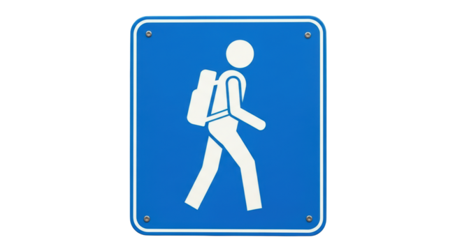 Isolated Blue Hiking Sign with Figure and Backpack