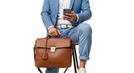 Isolated Businessman Sitting Holding Brown Briefcase with Mobile Phone