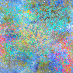 Bright mixed chaotic colorful brush strokes, blots, spots, splashes, drips, drops Abstract blurred painted layered seamless pattern Grunge background Grainy texture