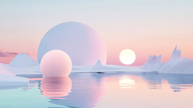 Glossy pastel fashion pink reflective sphere over serene water, smooth icy landscape, soft gradient sky, 3D surreal design, modern minimalism, tranquil nature-inspired scene