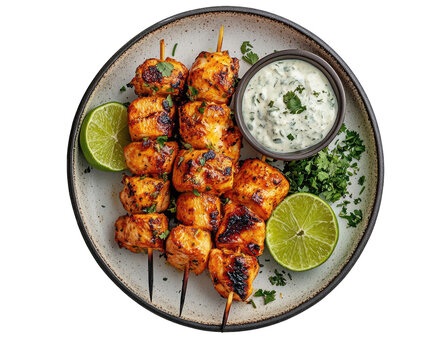 Grilled chicken skewers with lime and cilantro sauce
