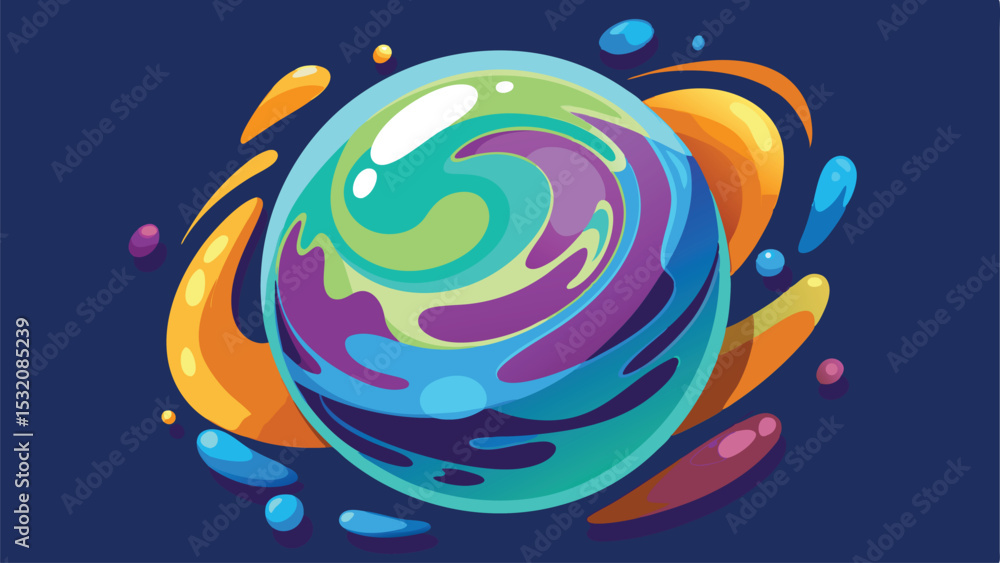 Poster vibrant abstract sphere illustration with colorful swirls and dynamic fluid elements