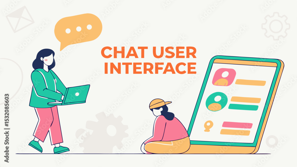 Poster illustration of two people interacting with a chat user interface on a laptop and a large mobile dev