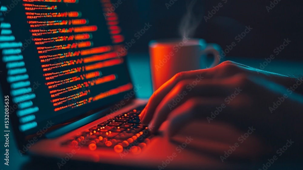 Aufkleber programmer coding late night on laptop red and blue light close up hands