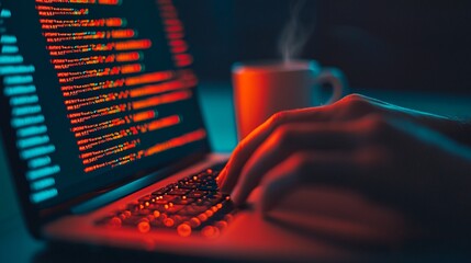 Programmer Coding Late Night on Laptop Red and Blue Light Close Up Hands