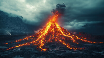 a volcano exploding with intense red and yellow lava bursts under a cloudy sky, showing the raw beauty and danger of nature