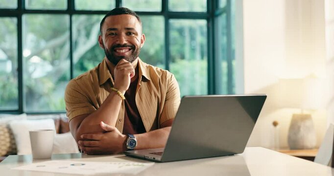 Happy, face and man with laptop, home and brand specialist with market research data or remote work. House, confident and person with tech for project on website, paperwork and charts for campaign