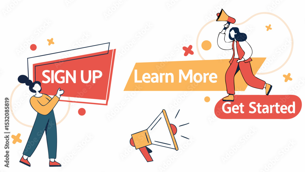Poster illustration showing people interacting with sign up, learn more and get started call to actions but