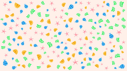 SEAMLESS HAND DRAWN DOODLE FISH SEAWEED STARFISH SHAPES PATTERN TEXTURE COLORFUL TEMPLATE ABSTRACT BACKGROUND TRENDY DESIGN VECTOR